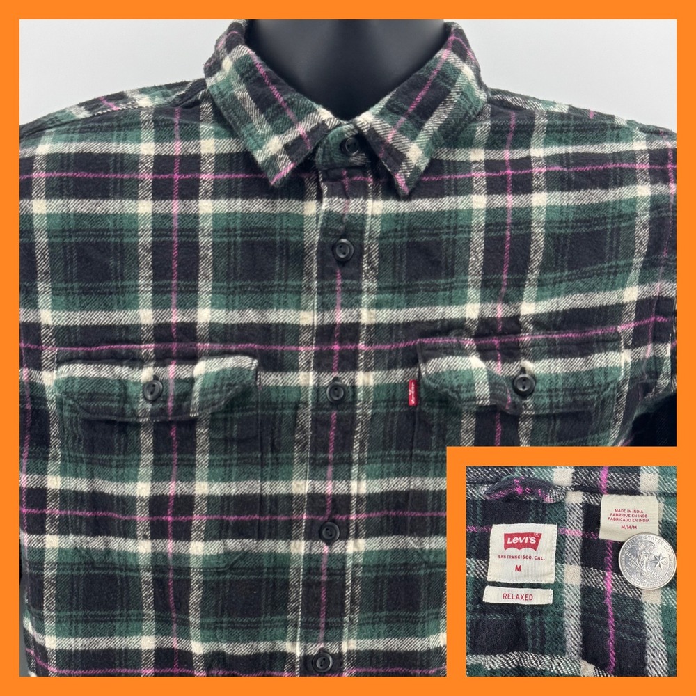 Levi's Flannel Shirt Mens M Green Black‎ Pink Plaid Relaxed Fit Button Up
